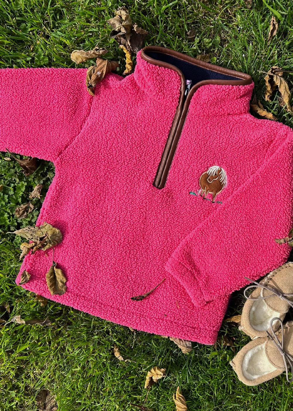 lambland Children’s Quarter Zip Berber Fleece with Pony Embroidery – Fuschia