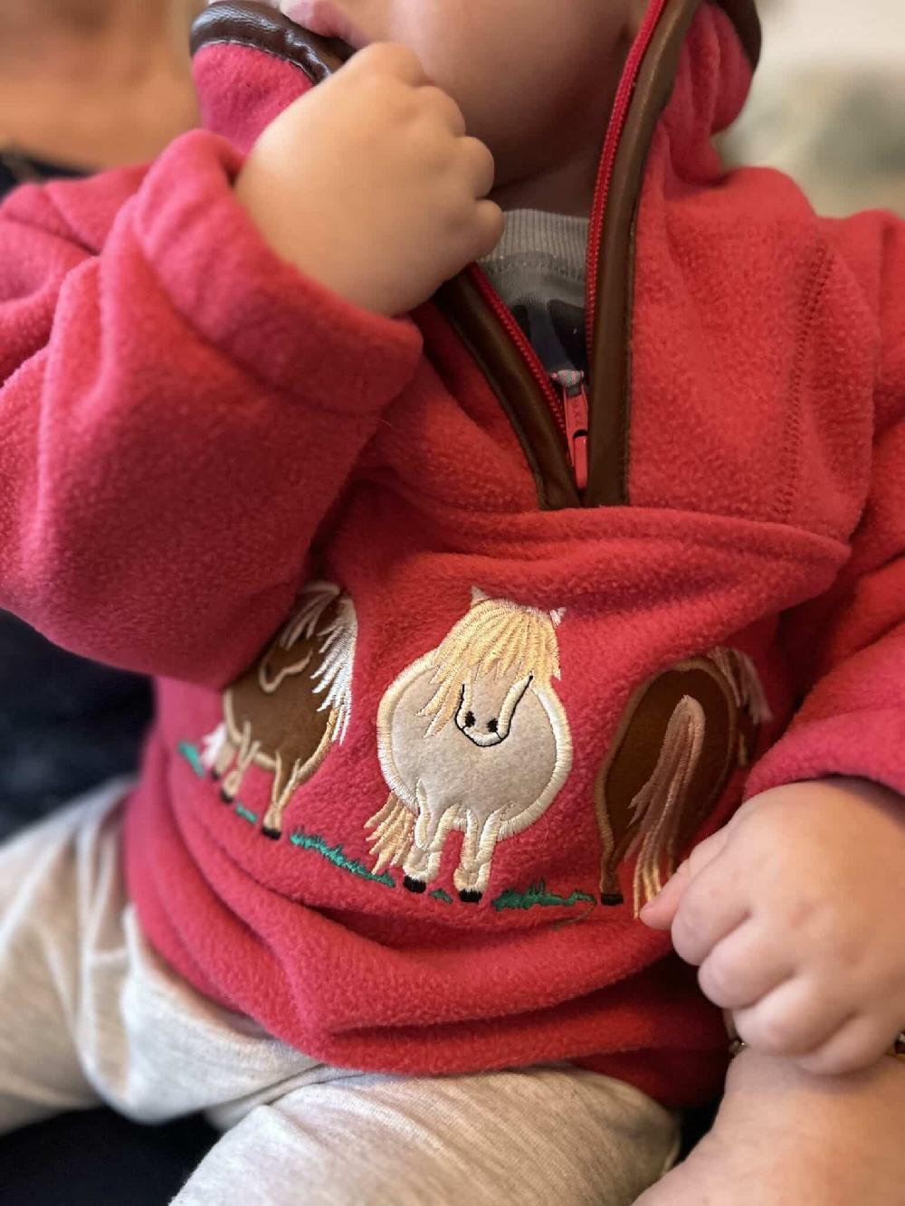 Lambland Children’s Quarter Zip Fleece With Pony Embroidery & Tan Trim In Pink