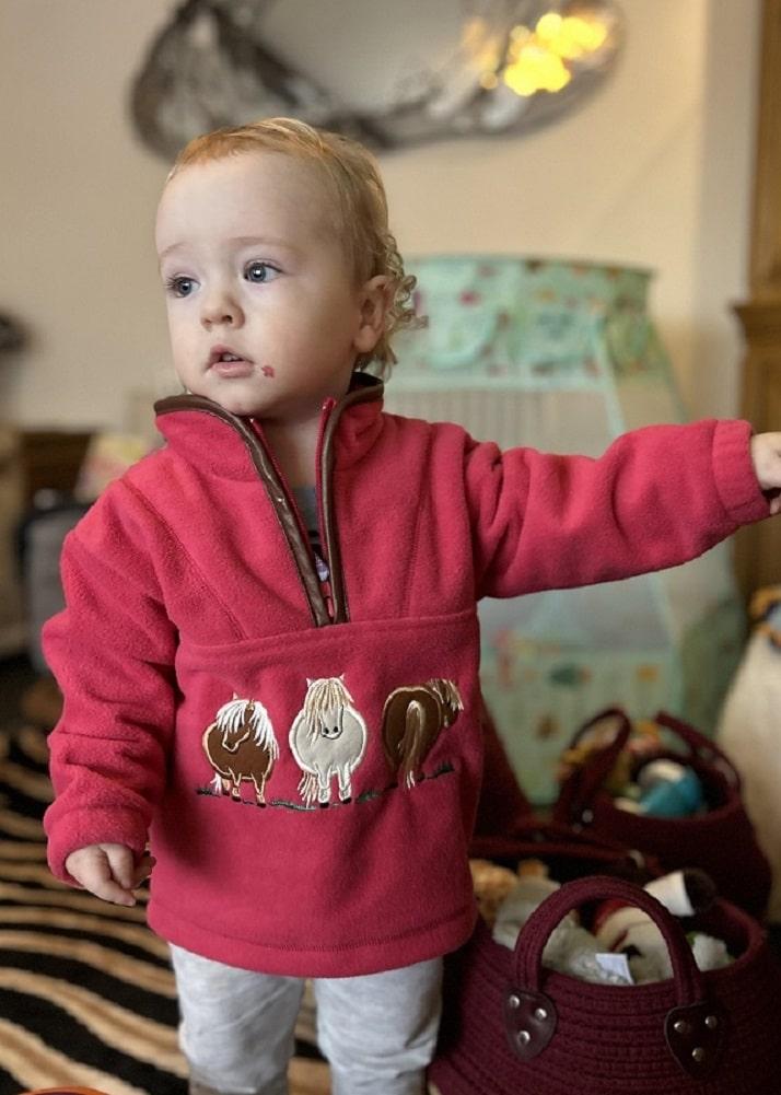 lambland Children’s Quarter Zip Fleece with Pony Embroidery & Tan Trim in Pink