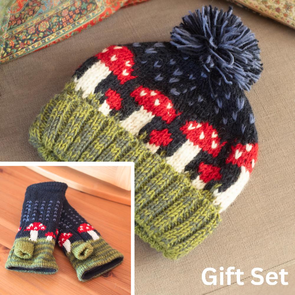 lambland Chunky Knit Mushroom Fingerless Mittens and Bobble Hat Set – Midnight