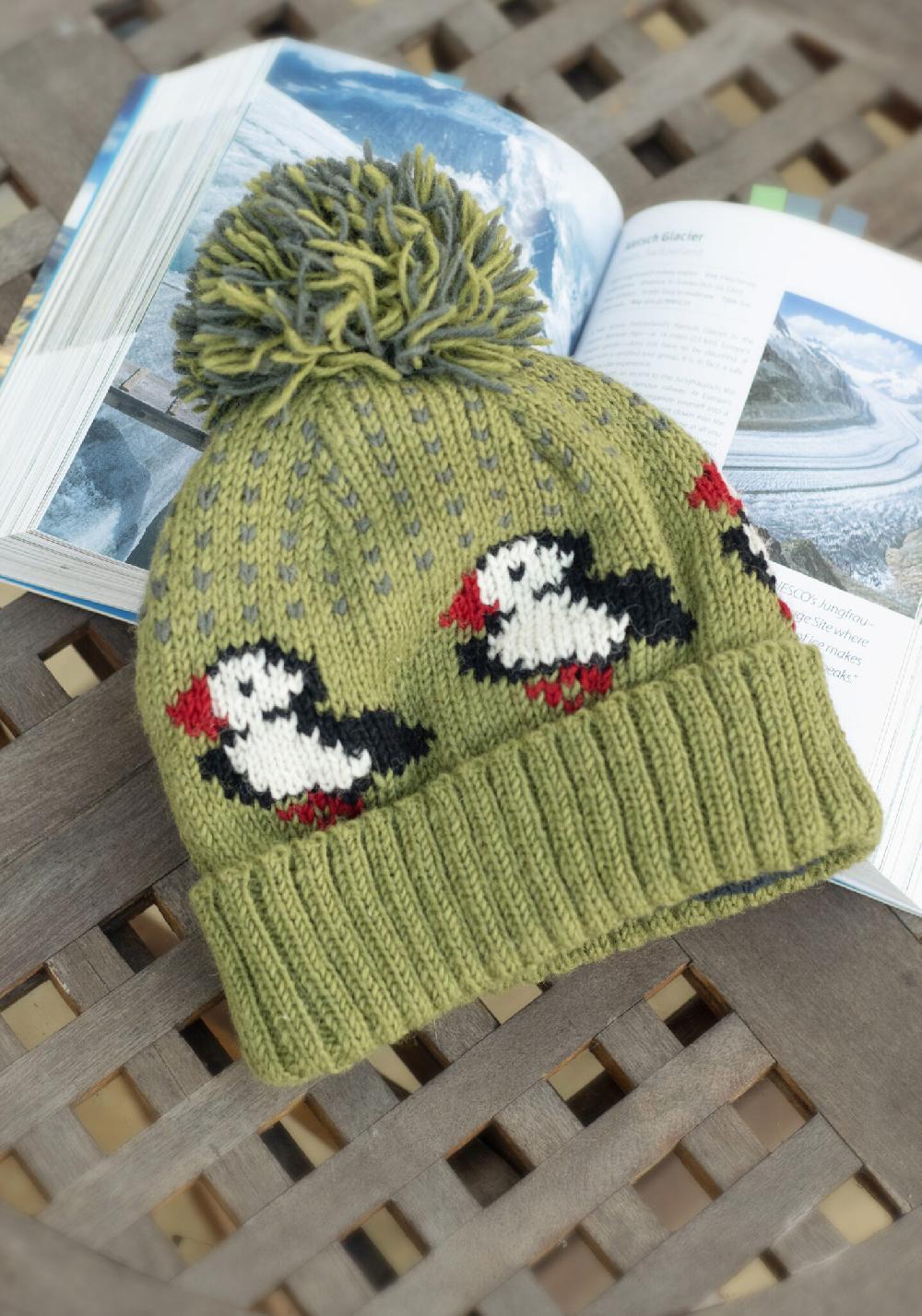 Lambland Chunky Knit Puffin Fingerless Mittens And Bobble Hat Set – Moorland Green