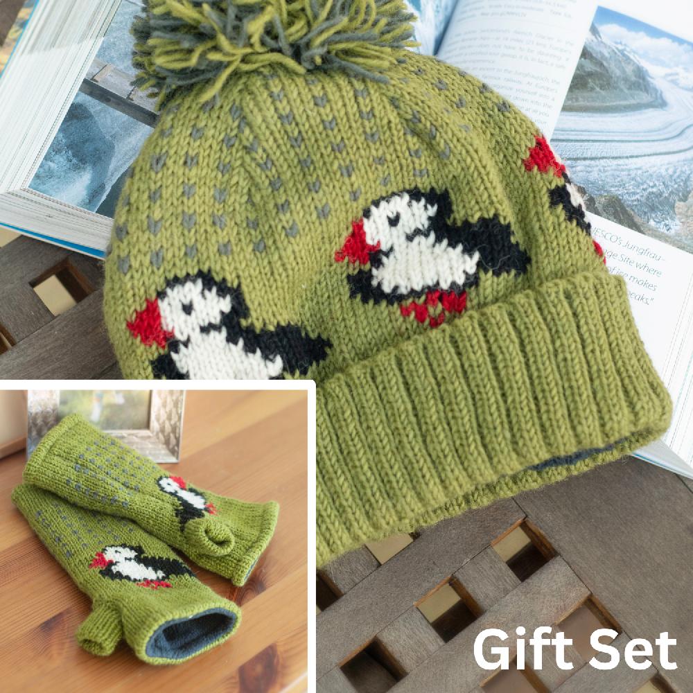 lambland Chunky Knit Puffin Fingerless Mittens and Bobble Hat Set – Moorland Green