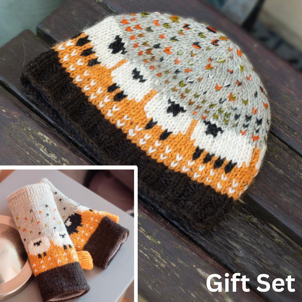 lambland Chunky Knit Sheep Fingerless Mittens and Beanie Hat Set – Ochre Multi
