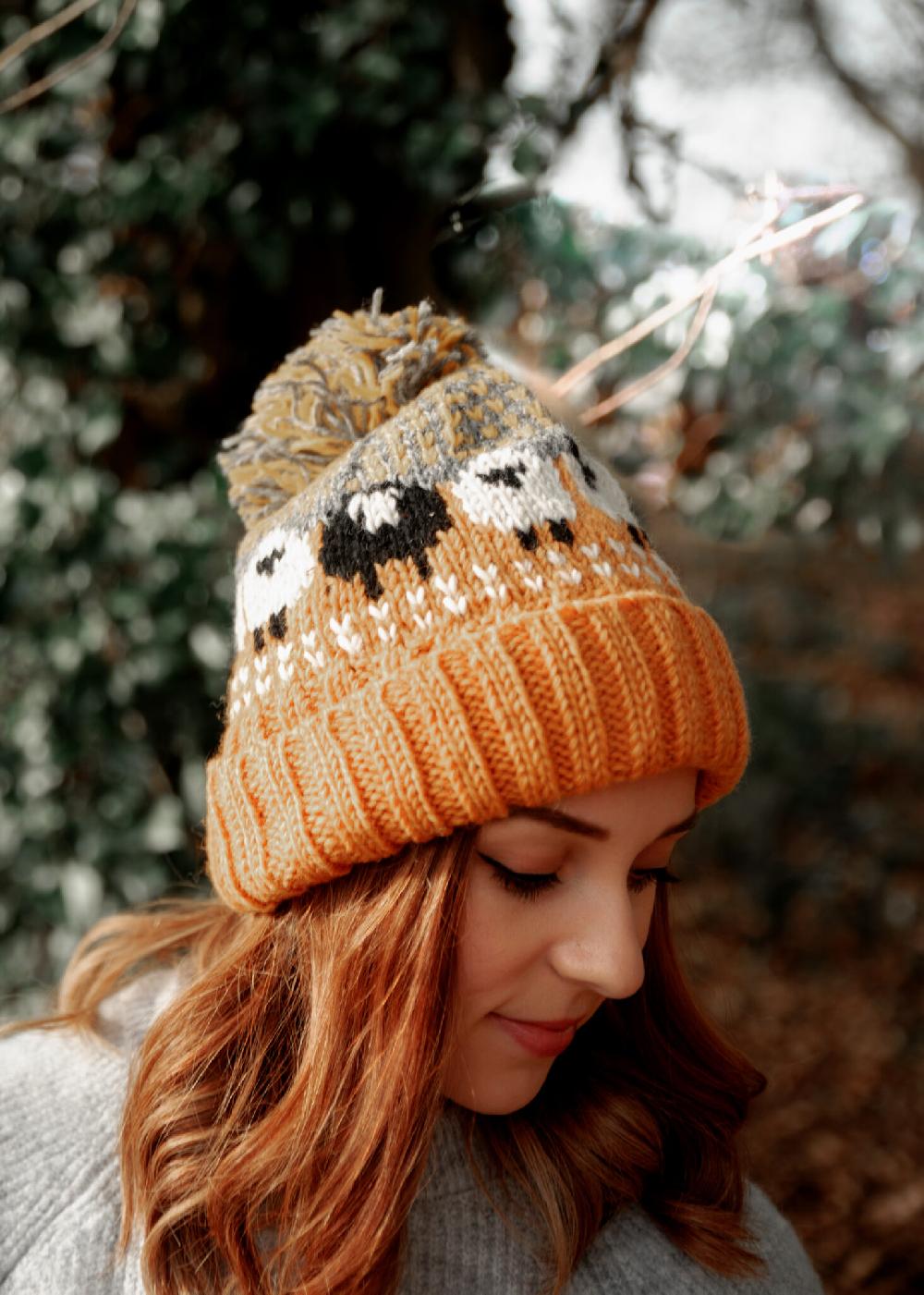 Lambland Chunky Knit Sheep Fingerless Mittens And Bobble Hat Set – Ochre