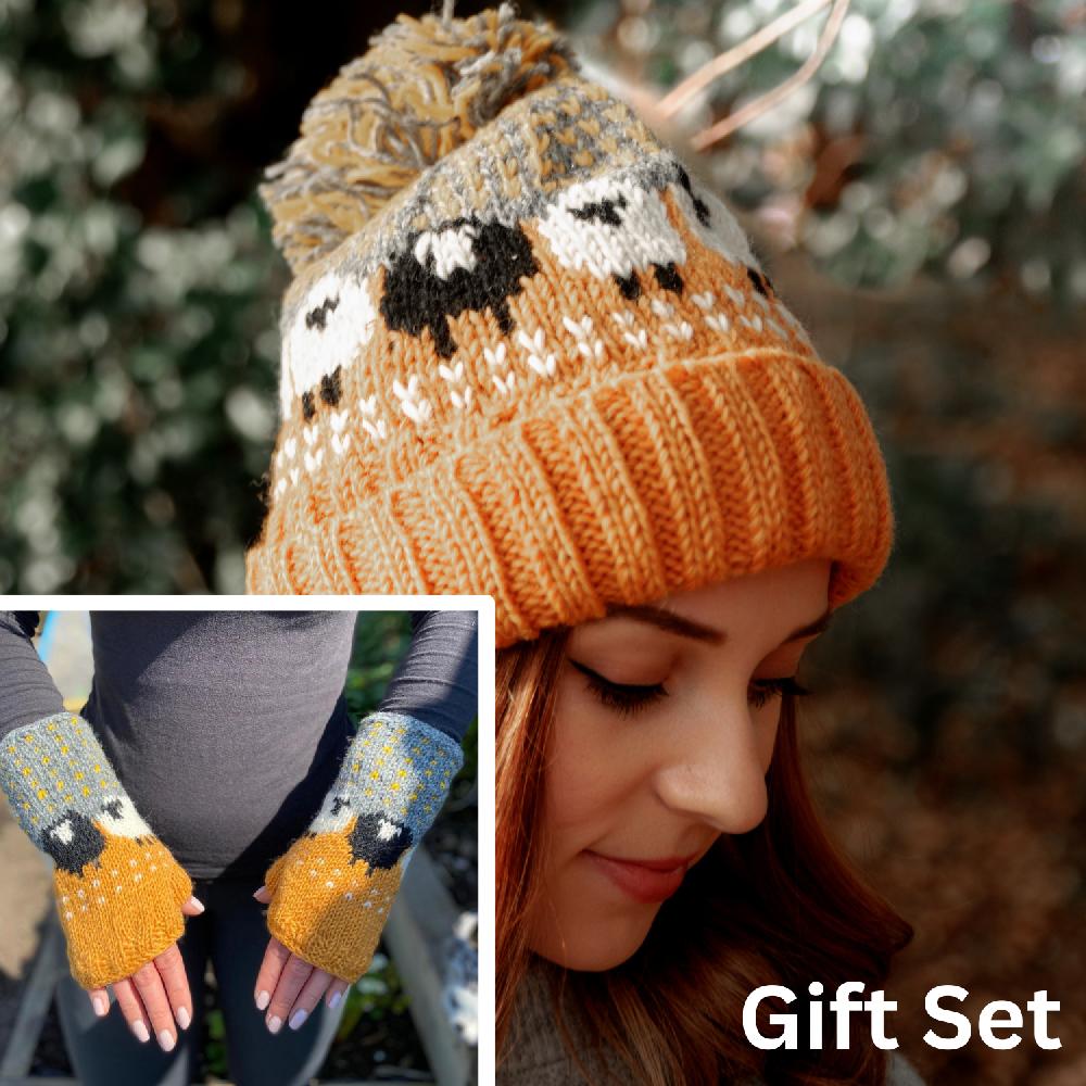 lambland Chunky Knit Sheep Fingerless Mittens and Bobble Hat Set – Ochre