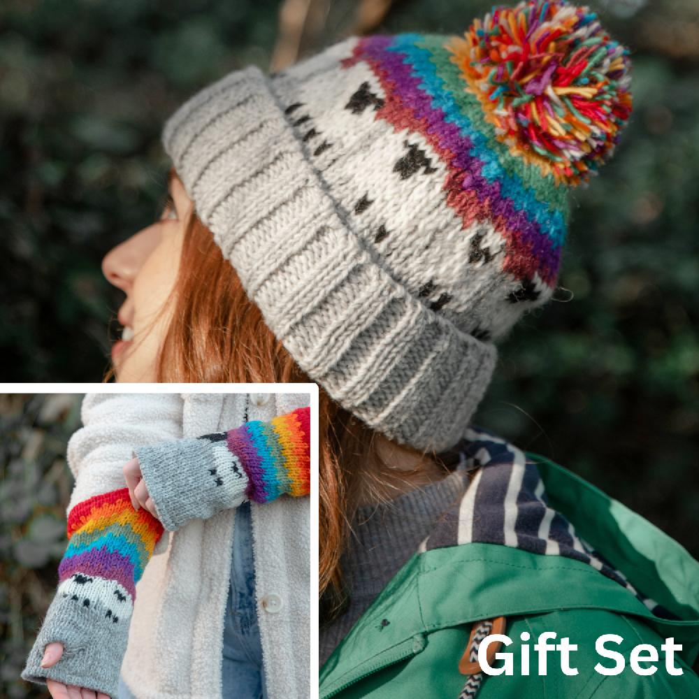 lambland Chunky Knit Sheep Fingerless Mittens and Bobble Hat Set – Rainbow Multi