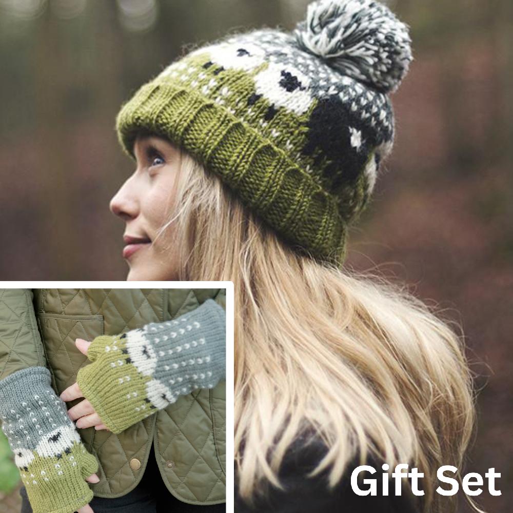 lambland Chunky Knit Sheep Fingerless Mittens and Bobble Hat Set – Green