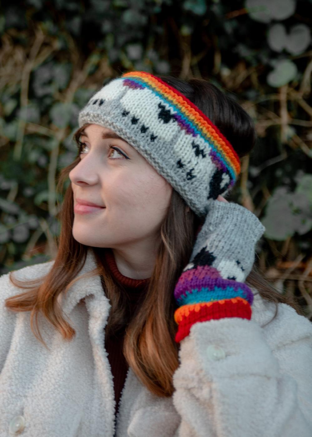 Lambland Chunky Knit Sheep Fingerless Mittens And Headband Set – Rainbow Multi