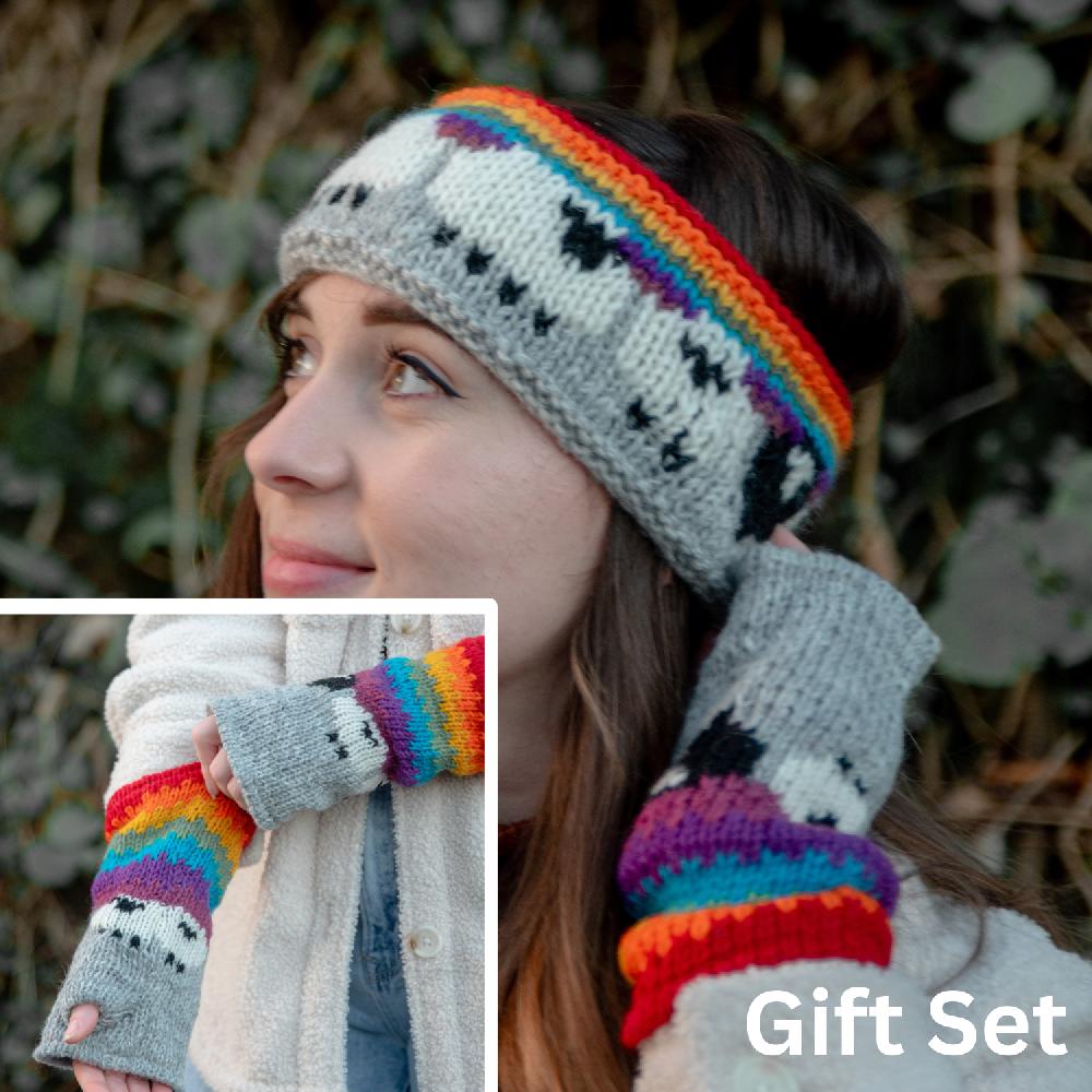 lambland Chunky Knit Sheep Fingerless Mittens and Headband Set – Rainbow Multi
