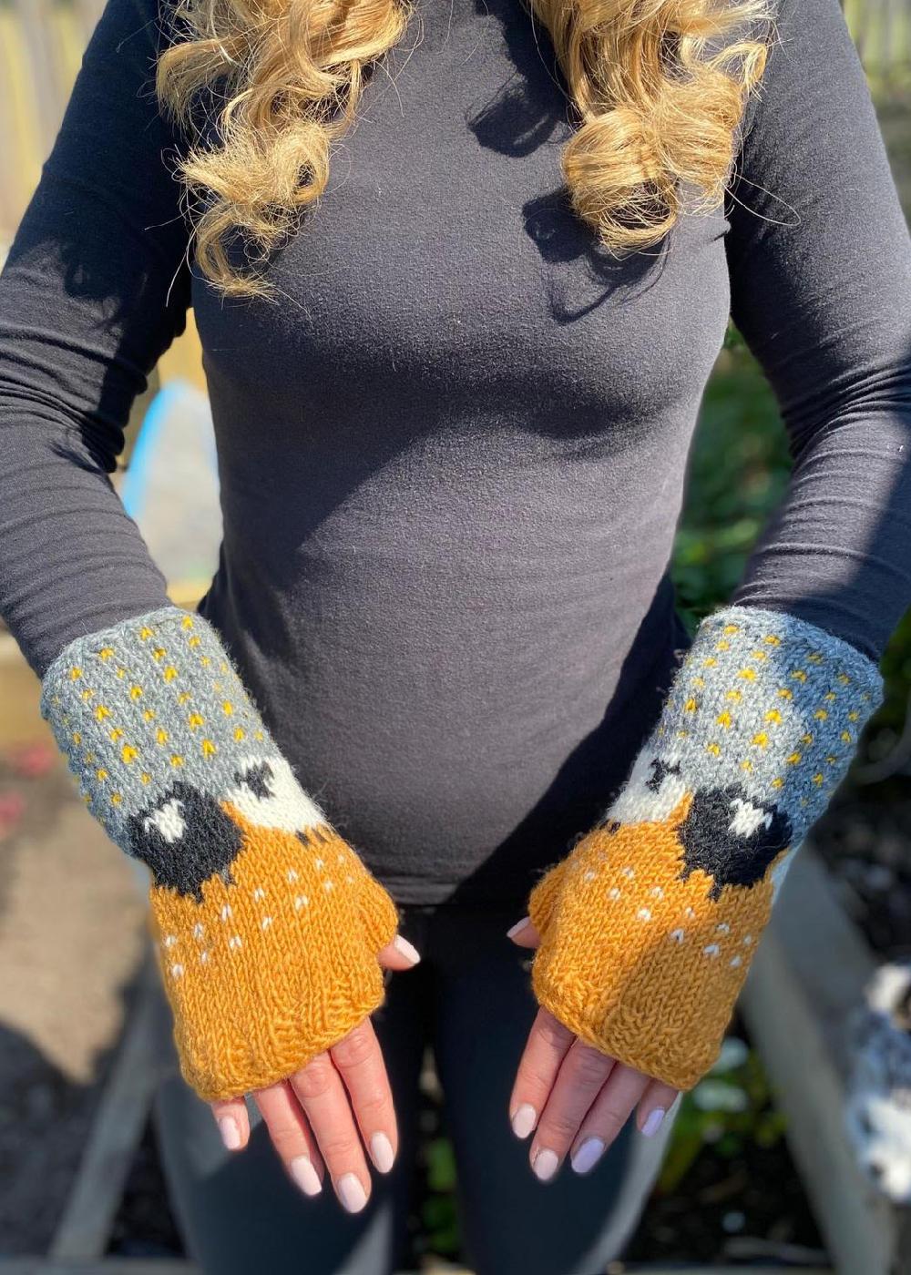 Lambland Chunky Knit Sheep Fingerless Mittens And Headband Set – Ochre