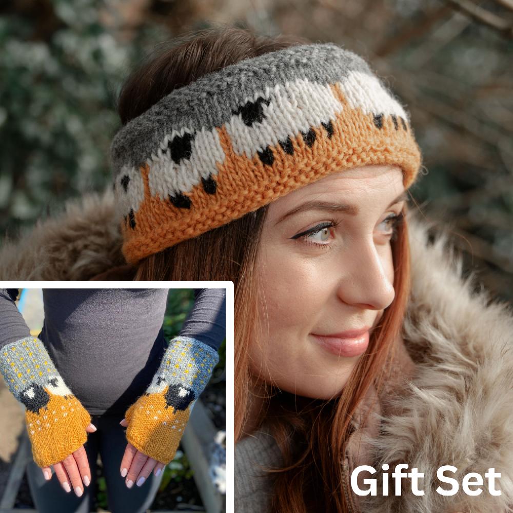 lambland Chunky Knit Sheep Fingerless Mittens and Headband Set – Ochre