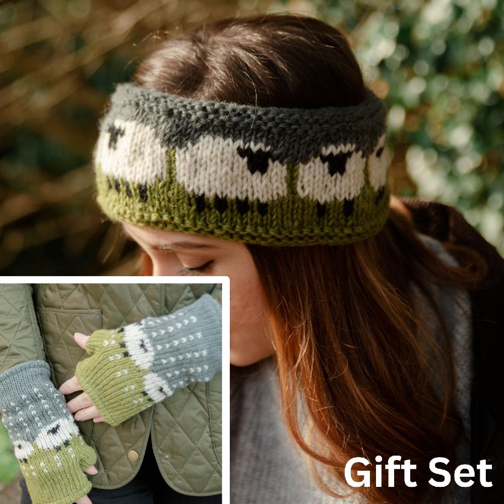 lambland Chunky Knit Sheep Fingerless Mittens and Headband Set – Green
