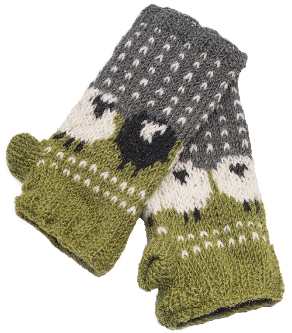 Lambland Chunky Knit Sheep Fingerless Mittens – Green