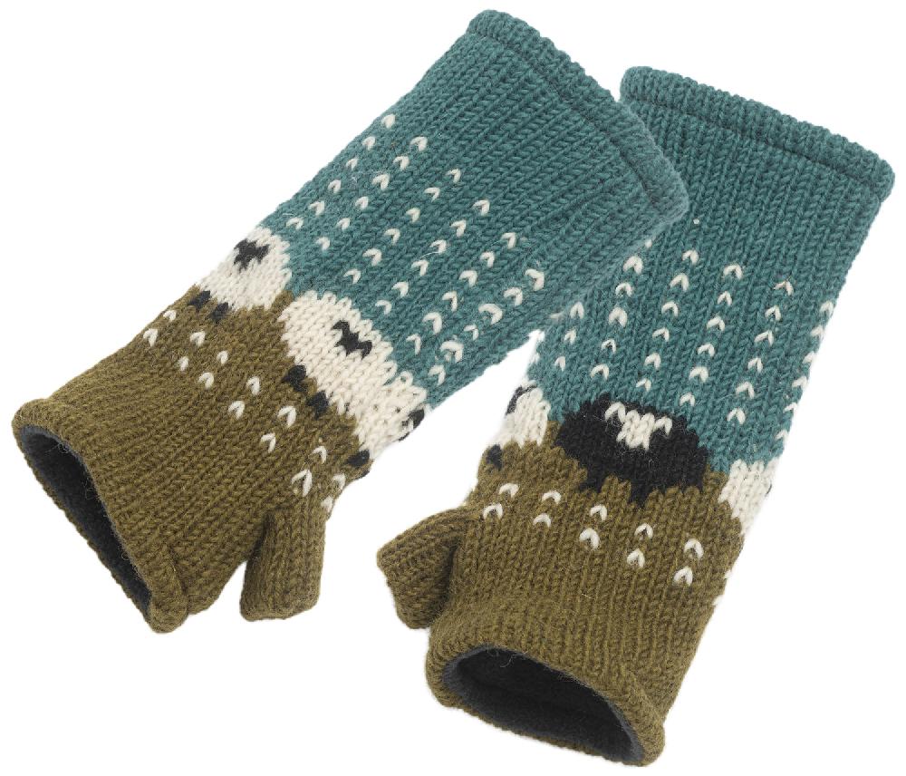 Lambland Chunky Knit Sheep Fingerless Mittens – Khaki