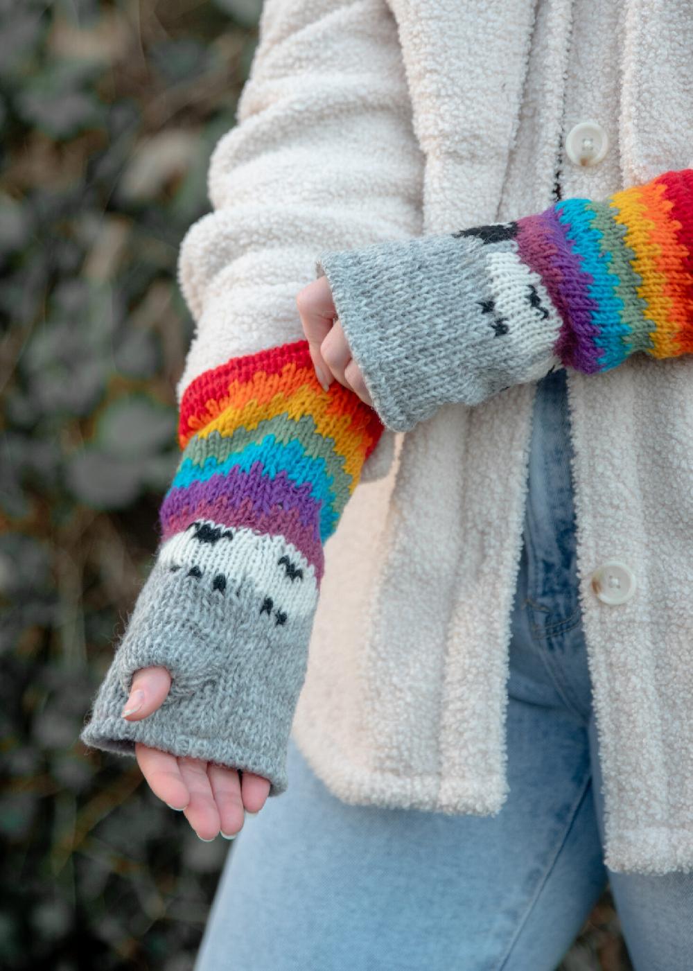 lambland Chunky Knit Sheep Fingerless Mittens – Rainbow Multi