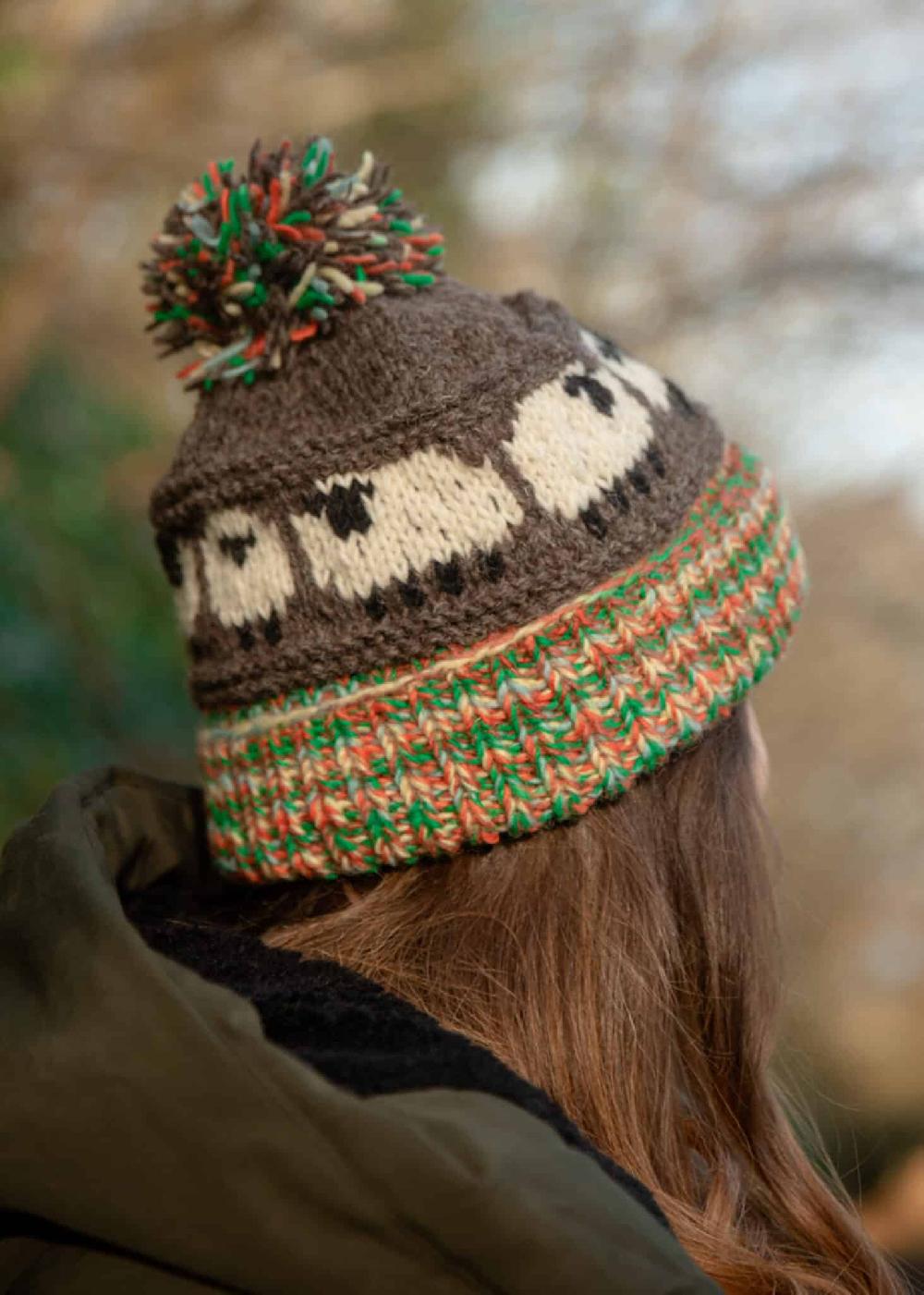 Lambland Hand Knitted Sheep Pattern Bobble Hat Brown