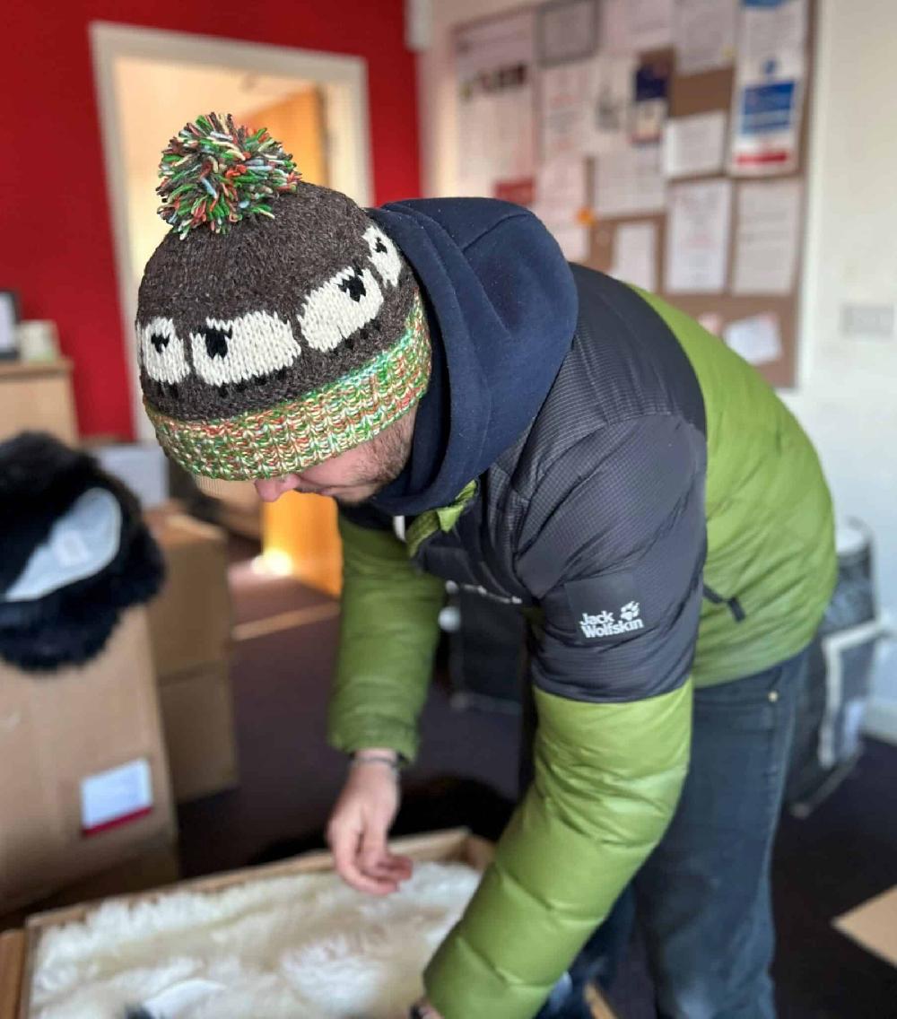 Lambland Hand Knitted Sheep Pattern Bobble Hat Brown