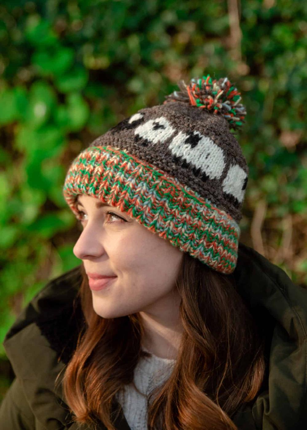 lambland Hand Knitted Sheep Pattern Bobble Hat Brown