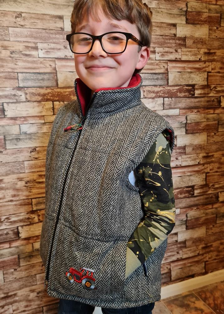 lambland Kids’ Tweed Style Embroidered Tractor Gilet