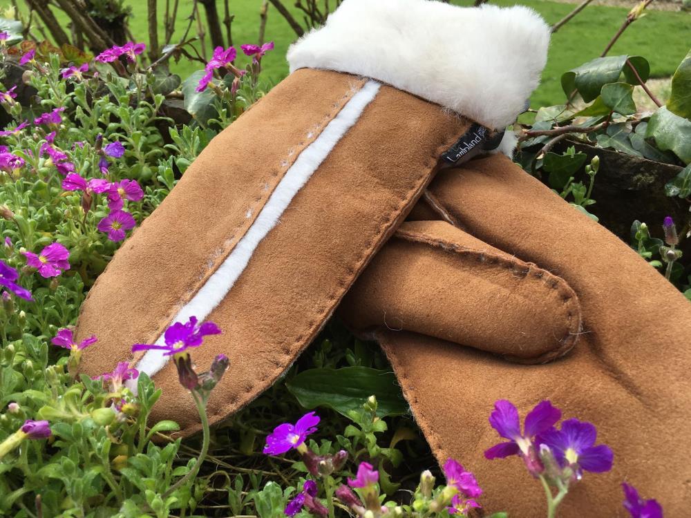 Lambland Ladies Genuine Sheepskin Mittens With Wool Out Trim