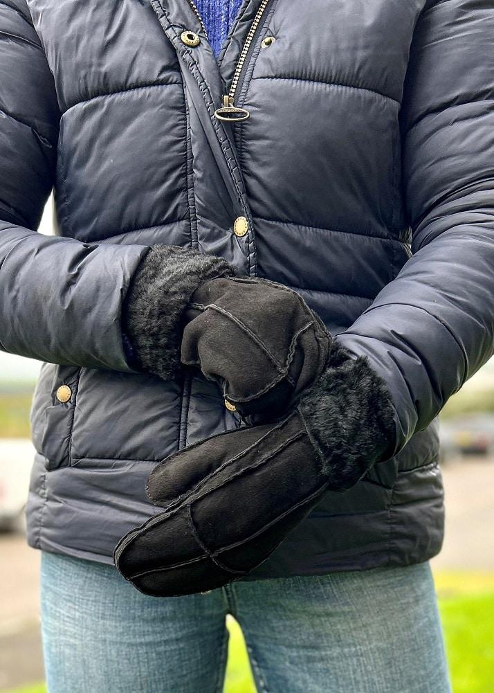 lambland Ladies Genuine Sheepskin Panel Mittens with Rolling Cuff