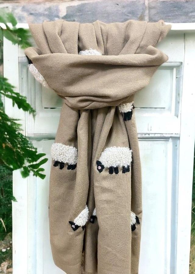 lambland Beige Scarf with Mohair Sheep Design