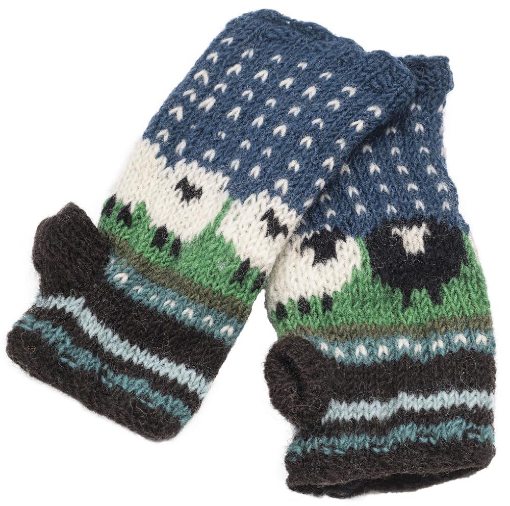 Lambland Chunky Knit Sheep Fingerless Mittens – Blue