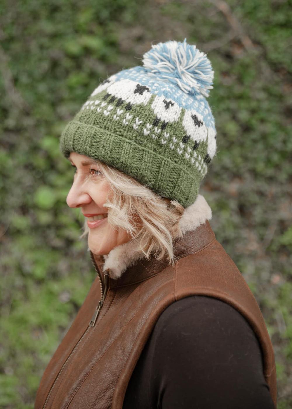 lambland Hand Knitted Sheep Pattern Bobble Hat