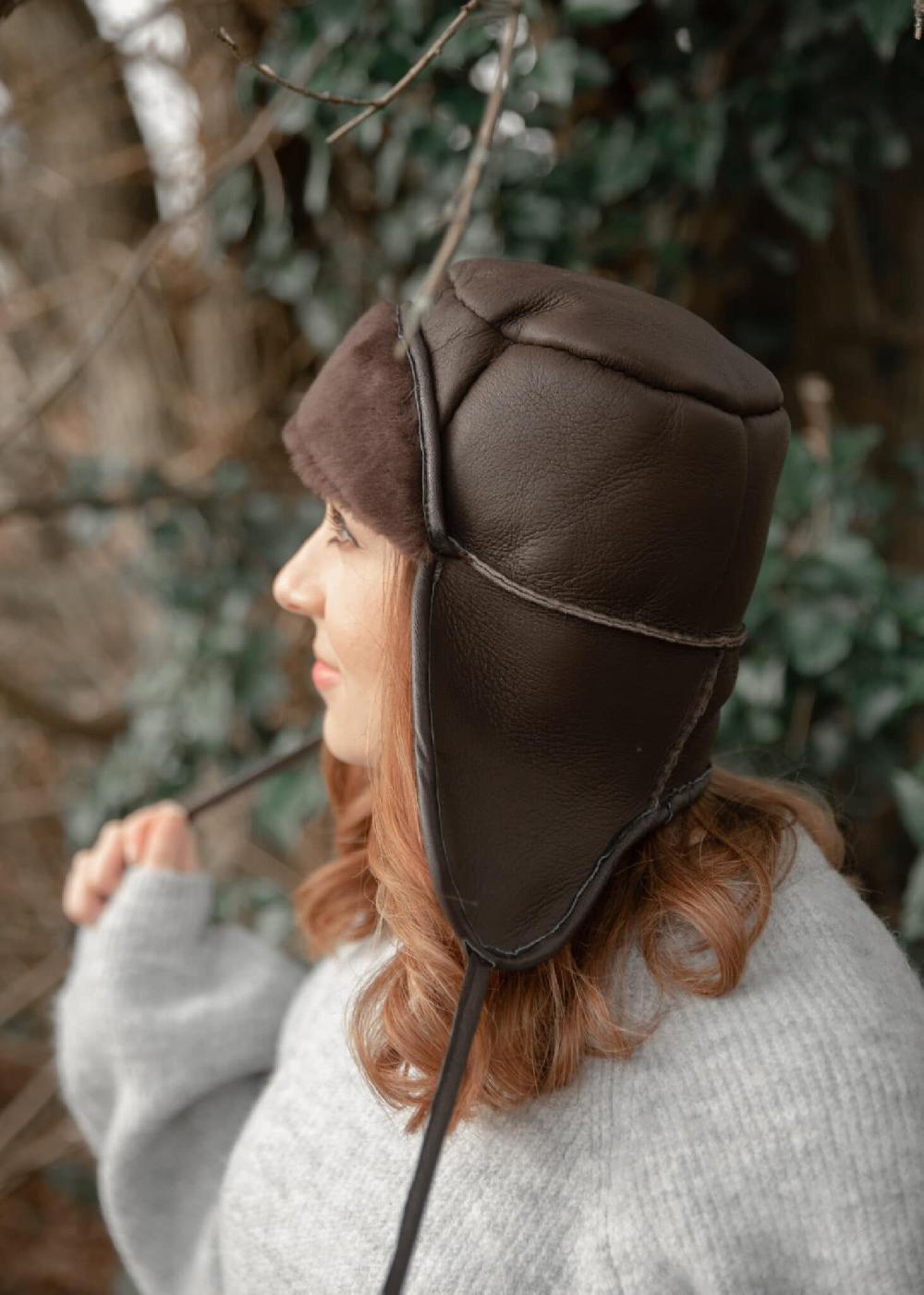 lambland Luxury Leather and Sheepskin Tie Back Trapper Hat