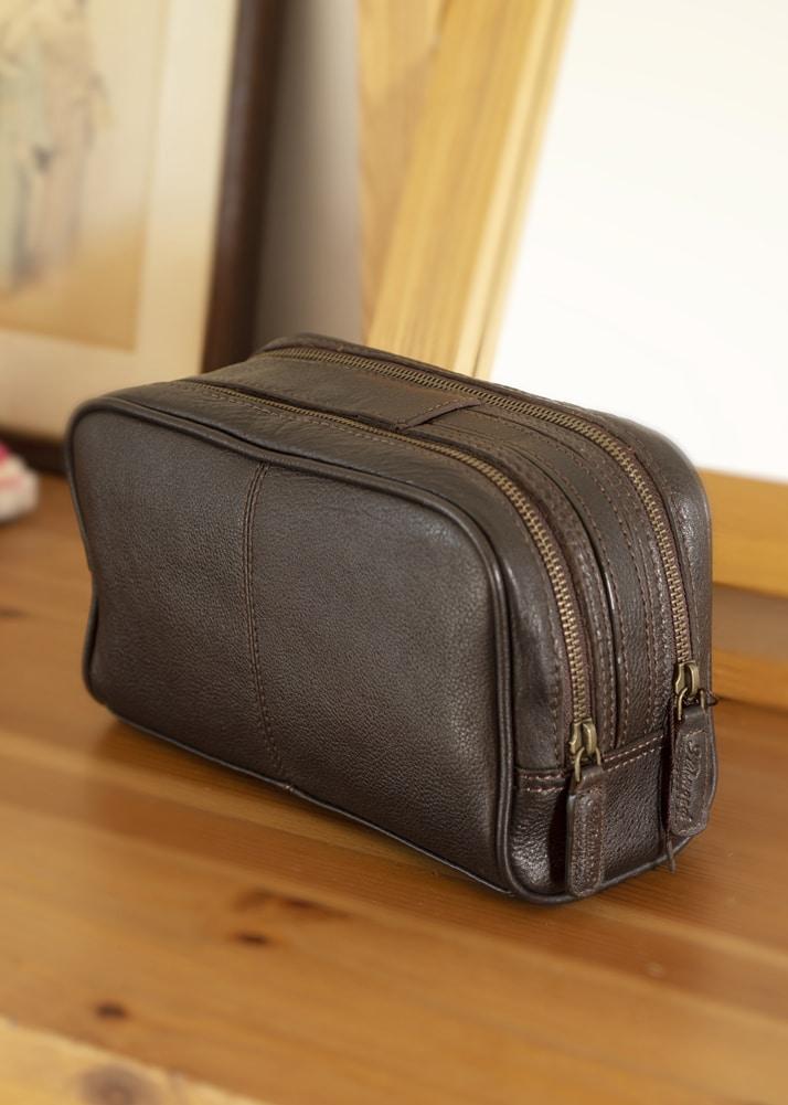 Lambland Luxury Tanned Leather Twin Zipped Toiletry Bag