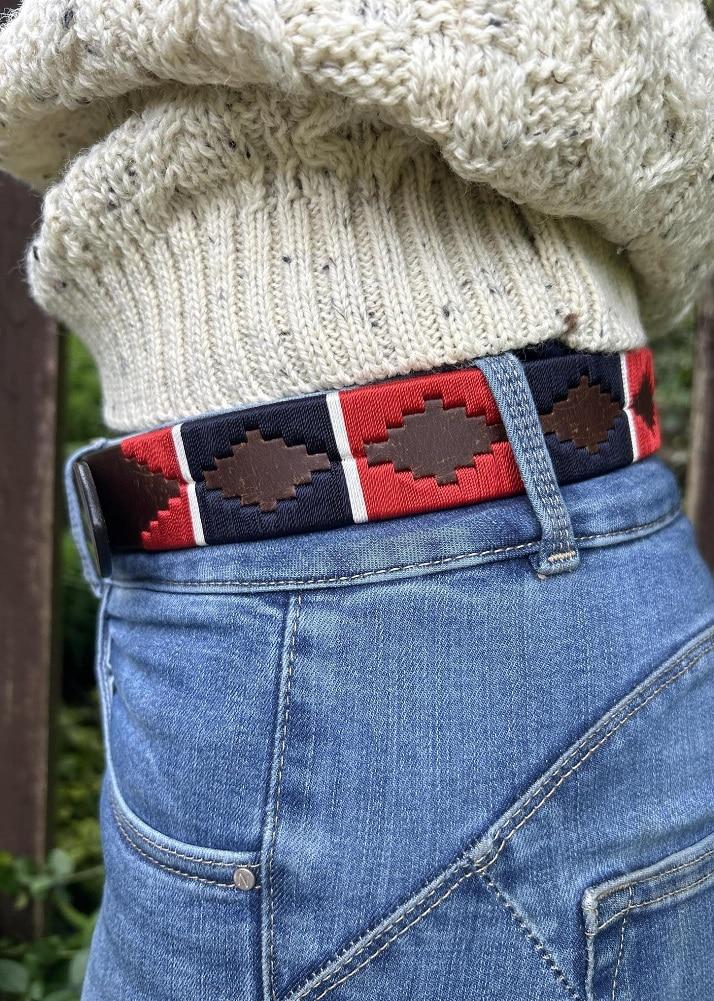 Lambland Unisex Luxury Leather Embroidered Polo Belt In Red/White/Navy