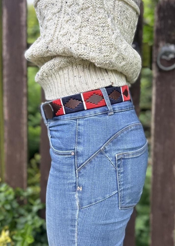 lambland Unisex Luxury Leather Embroidered Polo Belt in Red/White/Navy