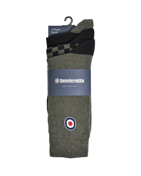 Lambretta 3 Pack Checker Sock Khaki/Black