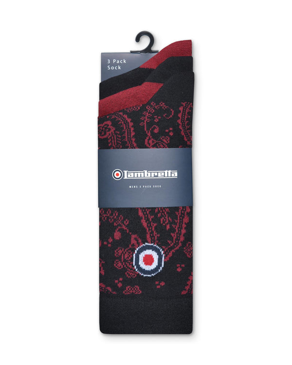 Lambretta 3 Pack Paisley Sock Black/Burgundy