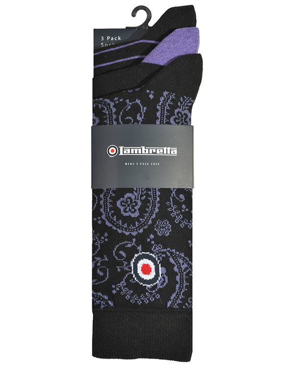 Lambretta 3 Pack Paisley Sock Black/Wine
