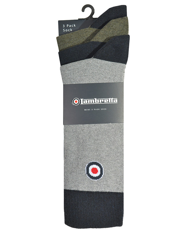 Lambretta 3 Pack Solid Sock Grey/Navy/Khaki