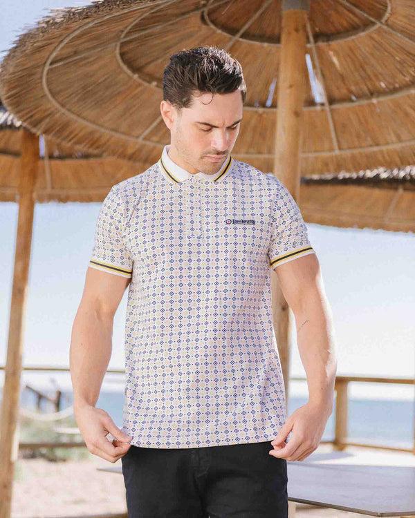 Lambretta Geo AOP Polo White/Navy/Gold