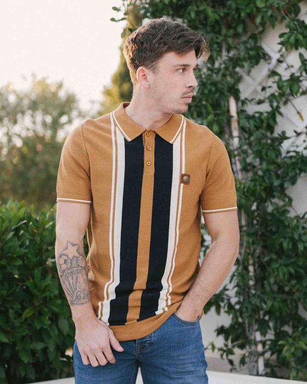 Lambretta Greco Striped SS Knit Polo Tobacco