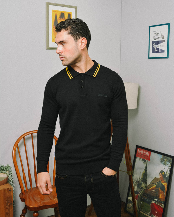 Lambretta L/S Tipped Knitted Polo Black/Gold