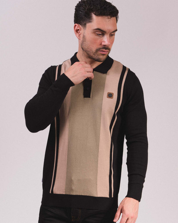 Lambretta L/S Vintage Panel Polo Black/Stone