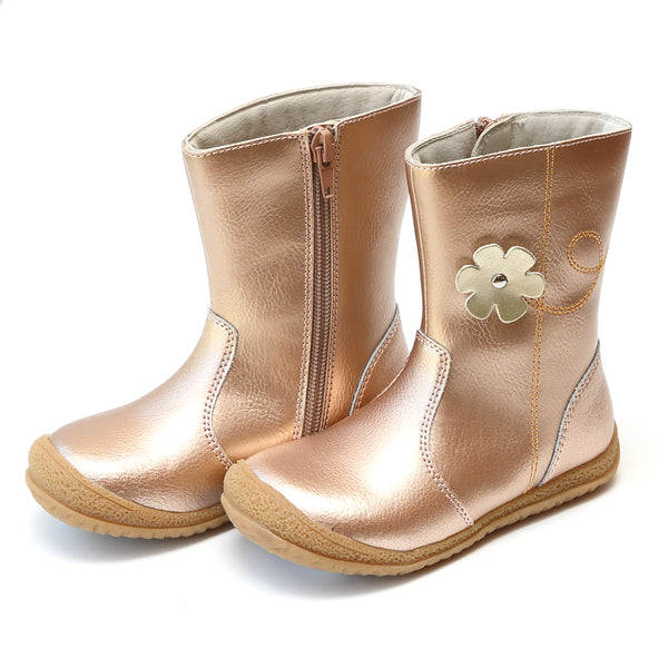 l'amour Madison Rosegold Leather Flower Mid Boot