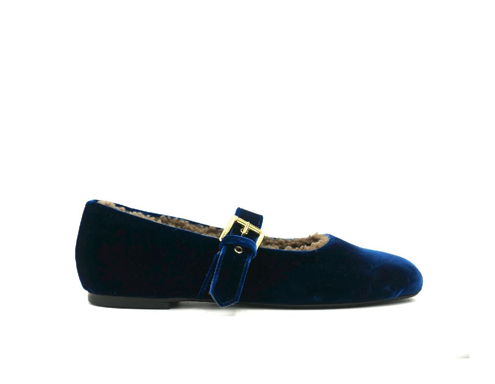 lanapo Ballerina velluto Bluette con shearling grigio