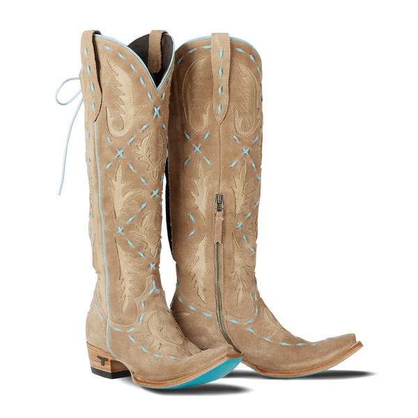 lane boots Reverie Knee High Corset - Latte Suede and Powder Blue