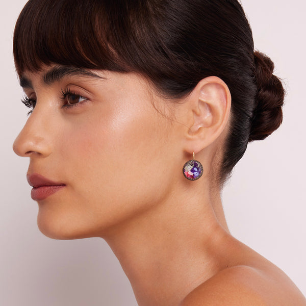 Larkspur & Hawk Bespoke Tapestry Olivia Button Earrings (Black Rhodium Or Yellow Gold Wash)