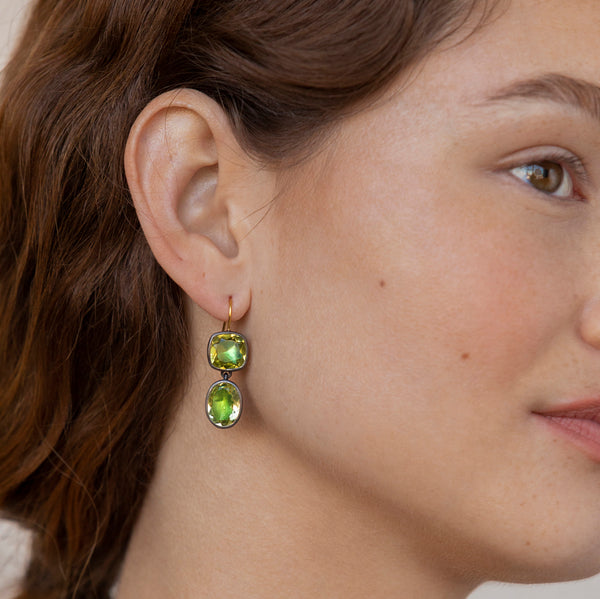 Larkspur & Hawk Luzia Cushion Oval Double Drop Earrings In Lemon Quartz (Black Rhodium Wash)