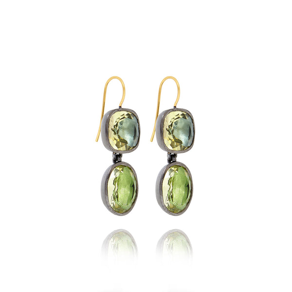 Larkspur & Hawk Luzia Cushion Oval Double Drop Earrings In Lemon Quartz (Black Rhodium Wash)
