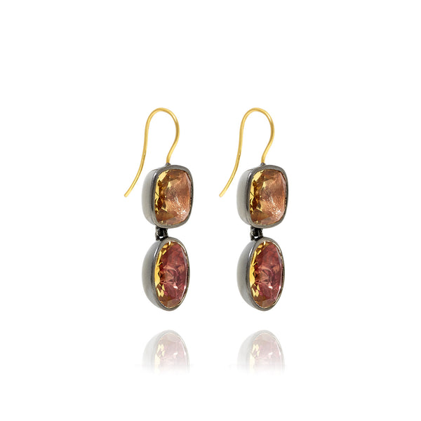 Larkspur & Hawk Luzia Cushion Oval Double Drop Earrings In Yellow Citrine (Black Rhodium Wash)