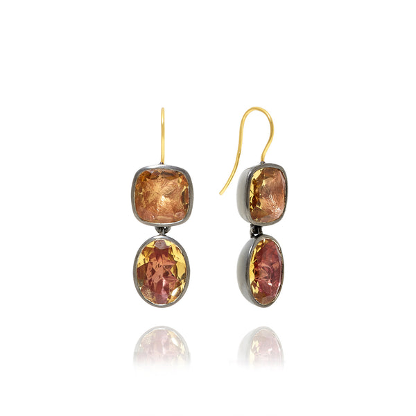 larkspur & hawk Luzia Cushion Oval Double Drop Earrings in Yellow Citrine (Black Rhodium Wash)