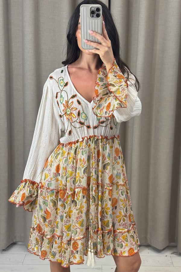 Lasula Abbie Orange Floral Embellished Tiered Frill Dress