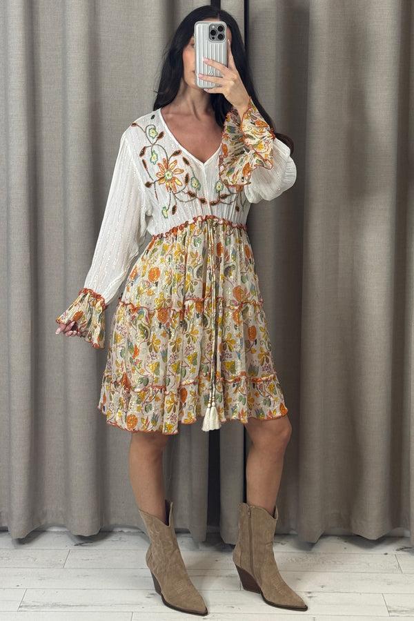 Lasula Abbie Orange Floral Embellished Tiered Frill Dress